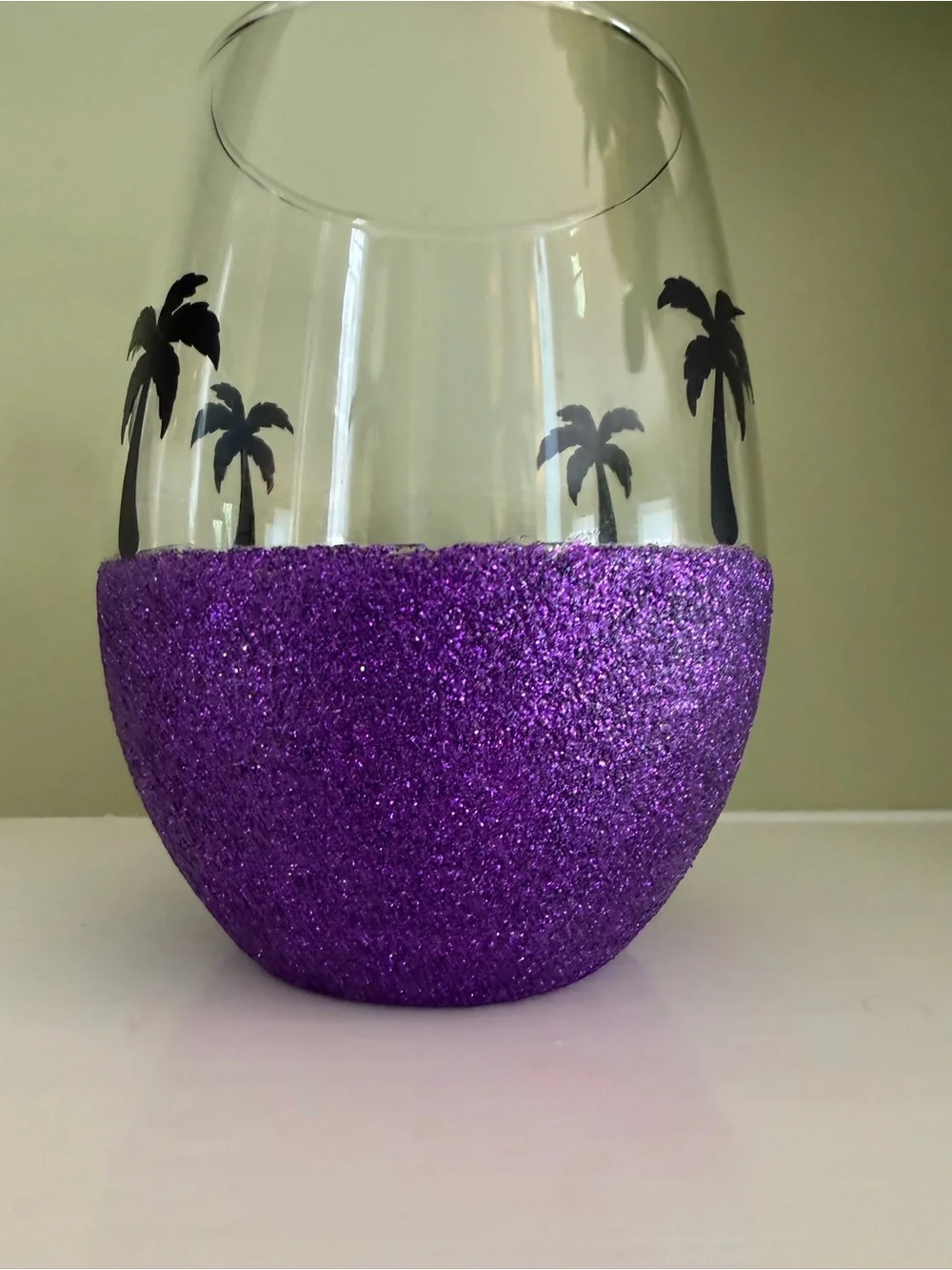 Tropical stemless Wine glass unbranded glitter dipped base palm tree decals